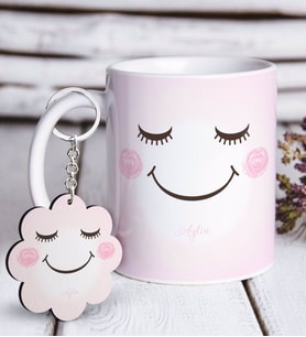 BK Gift Kişiye Özel Emoji Yüz Beyaz Kupa ve Anahtarlık Hediye Seti-3 (Model 1)