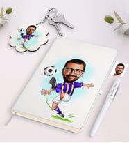 BK Gift Kişiye Özel Sarı Lacivert Futbolcu Karikatürlü Beyaz Defter Kalem ve Anahtarlık Hediye Seti (Model 1)