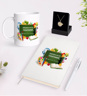 BK Gift Kişiye Özel Dünyanın En İyi Öğretmeni Beyaz Kupa Defter Kalem ve İsimli Papatya Kolye Hediye Seti-26 (Model 1)