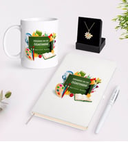 BK Gift Kişiye Özel Dünyanın En İyi Öğretmeni Beyaz Kupa Defter Kalem ve İsimli Papatya Kolye Hediye Seti-26 (Model 1)