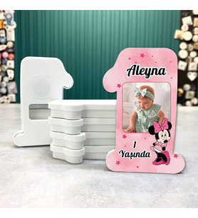 1 Yaş Açacaklı Resimli Hediyelik Magnet - Kız Çocuk Minine Mouse Tasarım - Doğum Günü Açacak Magnet
