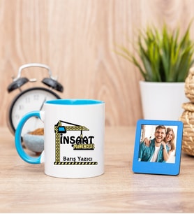 İnşaat Mühendisi Mavi Kupa Bardak ve Mavi Mini Fotoğraf Çerçevesi
