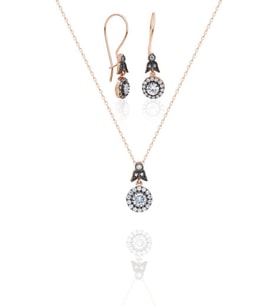 Roz Gümüş Elmas Montörlü Bayan Küpe ve Kolye Ucu SET-383 (Rose)