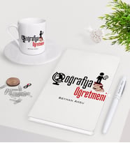 BK Gift Kişiye Özel Coğrafya Öğretmeni Beyaz Defter Kalem Türk Kahvesi Fincanı Seti-2 (Model 1)