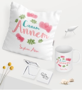 BK Gift Kişiye Özel Canım Annem Beyaz Kupa Ayna Yastık Seti - 12 (Model 1)
