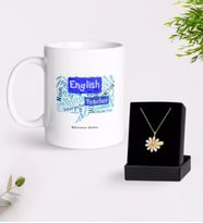 BK Gift Kişiye Özel İngilizce Öğretmeni Beyaz Kupa ve Papatya Kolye Hediye Seti-4 (Model 1)