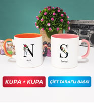 İkili Kişiye Özel Baş Harf ve İsim Yazılı Kupa Bardak Turuncu Pembe