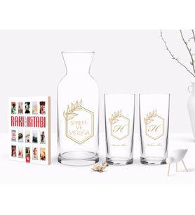BK Gift Kişiye Özel Renkli Baskılı Baş Harf İsim Tasarımlı Tasarımlı İkili Rakı Bardağı Karaf ve Cep Kitabı Hediye Seti-6 (Model 1)