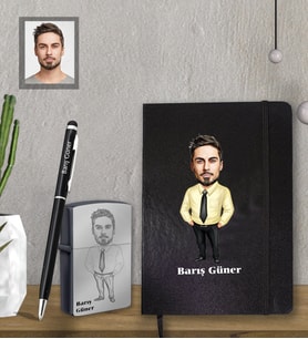 Kişiye Özel Öğretmen Karikatürlü  Siyah Defter Kalem Çakmak Hediye Seti  Bay-13 (Model 1)