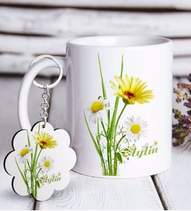 BK Gift Kişiye Özel Papatya Tasarımlı Beyaz Kupa ve Anahtarlık Hediye Seti-11 (Model 1)