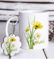 BK Gift Kişiye Özel Papatya Tasarımlı Beyaz Kupa ve Anahtarlık Hediye Seti-11 (Model 1)