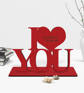 BK Gift Kişiye Özel I Love You Ahşap Kırmızı Masaüstü Biblo