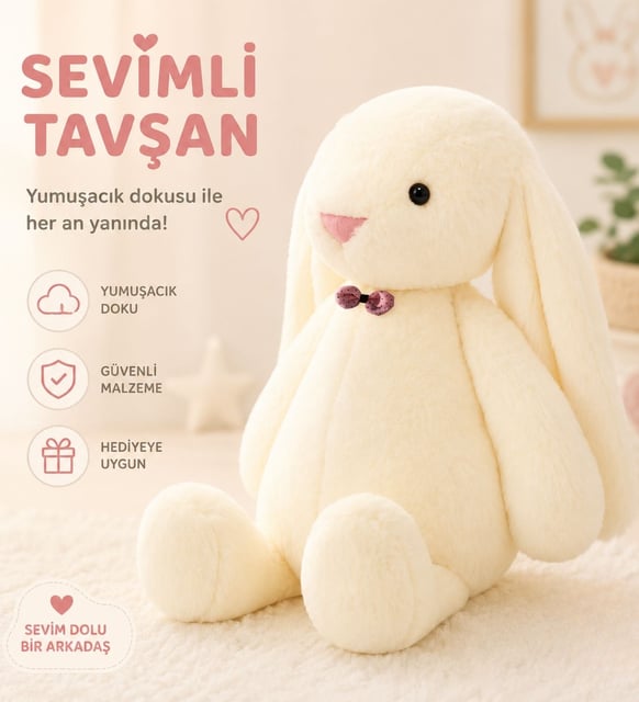 Uyku Arkadaşım Uzun Kulak Bunny Peluş Tavşan 65 cm (Beyaz)