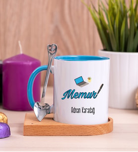 Memur Ahşap Altlıklı Mavi Kupa Bardak