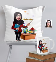 BK Gift Kişiye Özel Tesettürlü Bayan Öğretmen Temalı Karikatürlü Yastık Kupa Seti - 1