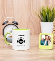 Emoji Tasarım Yeşil Kupa Bardak ve Yeşil Mini Fotoğraf Çerçevesi