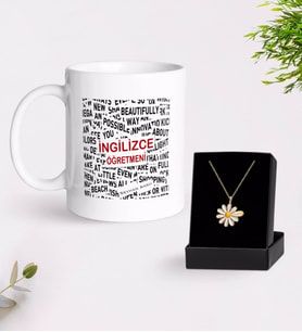 BK Gift Kişiye Özel İngilizce Öğretmeni Beyaz Kupa ve Papatya Kolye Hediye Seti-3 (Model 1)