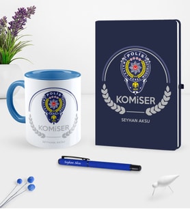 BK Gift Kişiye Özel Komiser Temalı Lacivert Defter Kalem Kupa Seti - 2 (Model 1)