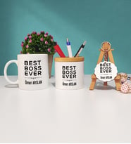 Patrona Hediye Best Boss Ever Tasarımlı Patron Kupa Bardak Kalemlik ve Anahtarlık Hediye Seti