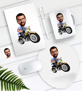 BK Gift Kişiye Özel Bay Motorcu Karikatürlü Defter Kalem Kupa Mouse Pad Seti (Model 1)