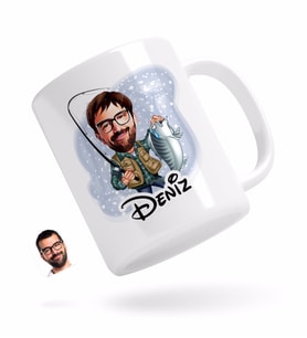 BK Gift Kişiye Özel Erkek Balıkçı Karikatürlü Beyaz Kupa Bardak