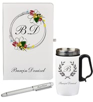 Şık ve Karışık Çiçek Desenli Kişiye Özel Defter Kalem Ve Termos - Mug Seti