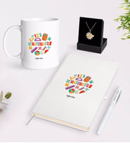 BK Gift Kişiye Özel Matematik Öğretmeni Beyaz Kupa Defter Kalem ve İsimli Papatya Kolye Hediye Seti-13 (Model 1)