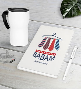 BK Gift Kişiye Özel Karizmatik Babam Beyaz Defter Kalem Termos Mug Seti (Model 1)