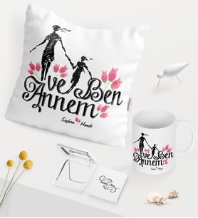 BK Gift Kişiye Özel Annem ve Ben Beyaz Kupa Ayna Yastık Seti (Model 1)