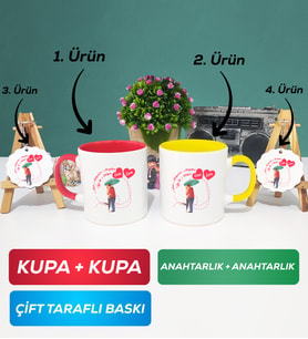 İkili Kırmızı Sarı Sevgiliye Sevgililer Günü Hediyesi 3 Kupa Bardak Anahtarlık
