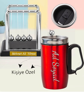 Kişiye Özel İsimli Kırmızı Termos Bardak & Newton Denge Topu Dekoratif