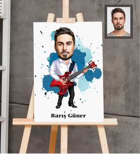 Kişiye Özel Gitarist Karikatürlü  Ahşap Tablo 30x47 Bay-2