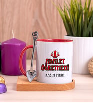 Adalet Öğretmeni Ahşap Altlıklı Kırmızı Kupa Bardak