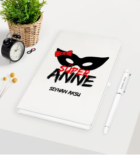 BK Gift Kişiye Özel Süper Anne Beyaz Defter Kalem Seti - 1