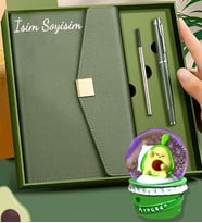 Kişiye Özel Organizerli Deri Ajanda & Özel Kalem & Avokado Kar Küresi Premium