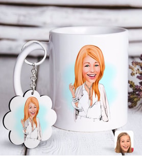 BK Gift Kişiye Özel Bayan Model Karikatürlü Beyaz Kupa ve Anahtarlık Hediye Seti-2 (Model 1)