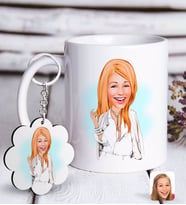 BK Gift Kişiye Özel Bayan Model Karikatürlü Beyaz Kupa ve Anahtarlık Hediye Seti-2 (Model 1)