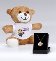 BK Gift Kişiye Özel İsimli Papatya Kolye ve Happy Birthday Peluş Ayıcık Hediye Seti-4 (Model 1)