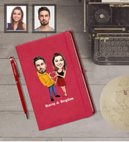 Kişiye Özel Sevgili Karikatürlü  Kırmızı Defter Kalem Hediye Seti Model 7
