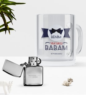 BK Gift Kişiye Özel Benim Yakışıklı Babam Cam Kupa Bardak Benzinli Metal Çakmak Seti (Model 1)