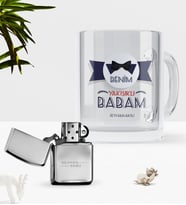 BK Gift Kişiye Özel Benim Yakışıklı Babam Cam Kupa Bardak Benzinli Metal Çakmak Seti (Model 1)