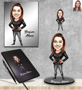 Kişiye Özel Bayan Karikatürlü 5 li Hediye Seti Model-7