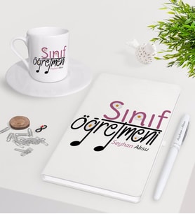 BK Gift Kişiye Özel Sınıf Öğretmeni Beyaz Defter Kalem Türk Kahvesi Fincanı Seti-16 (Model 1)