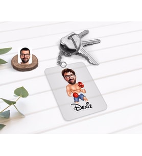 BK Gift Kişiye Özel Erkek Boksör Karikatürlü Şeffaf Pleksi Anahtarlık (Beyaz)
