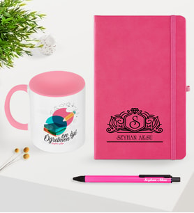 BK Gift Kişiye Özel En İyi Öğretmen Temalı Pembe Defter Kalem Kupa Seti - 3
