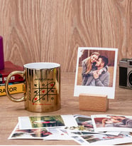 Aşk Her Zaman Kazanır Gold Kupa Bardak ve Ahşap Standlı Polaroid Set