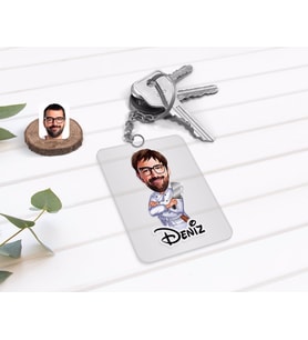 BK Gift Kişiye Özel Erkek Kasap Karikatürlü Şeffaf Pleksi Anahtarlık (Beyaz)