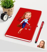 BK Gift Kişiye Özel Bayan Avukat Karikatürlü Kırmızı Defter Kalem Seti - 3