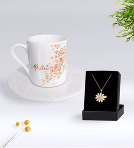 BK Gift Kişiye Özel Papatya Temalı Türk Kahvesi Fincanı Ve Papatya Kolye Hediye Seti-2 (Model 1)