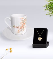 BK Gift Kişiye Özel Papatya Temalı Türk Kahvesi Fincanı Ve Papatya Kolye Hediye Seti-2 (Model 1)